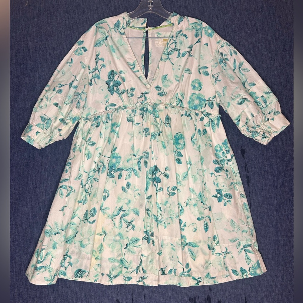 Anthropologie Maeve White Dress with Teal Floral Print